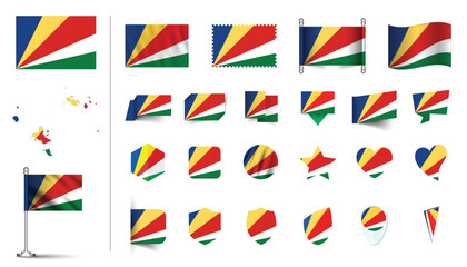 set of Seychelles flag, flat Icon set vector illustration. collection of national symbols on various objects and state signs. flag button, waving, 3d rendering symbols