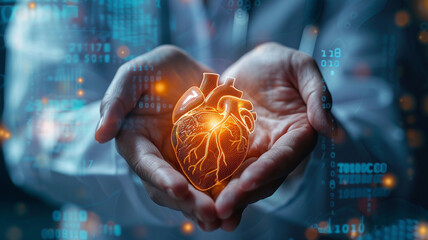 A person is holding a heart in their hands, surrounded by a digital background. The heart is glowing and he is pulsating, giving the impression of life - obrazy, fototapety, plakaty