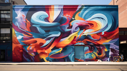 A kaleidoscope of hues and shapes converge in a street art mural, where graffiti-style lettering commands attention amidst the dynamic abstract elements, breathing life into the city walls.