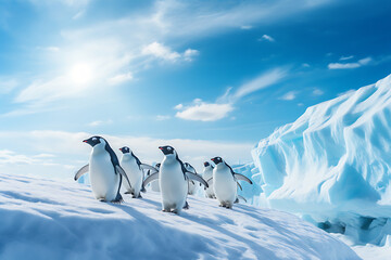 A group of penguins walking on a snowy Antarctic glacier under a clear blue sky