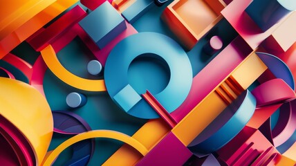 Abstract colorful geometric shapes interaction - Eye-catching image with interacting geometric shapes in bold colors creating a playful abstract scene