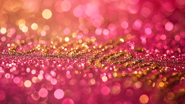 A pink background with gold glitter and the word "love" written in gold. The glitter and gold color scheme gives the image a festive and romantic mood