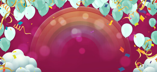 Holiday background with balloons, confetti and streamers. Vector illustration.