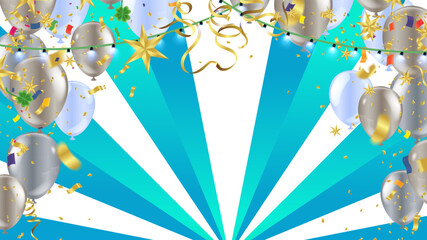 Festive background with balloons, confetti and ribbons. Vector illustration.