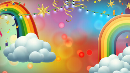 Rainbow, clouds and stars on the rainbow background. Vector illustration.