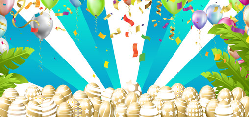 Easter background with eggs, balloons and confetti. Vector illustration.