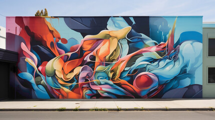 A cacophony of colors and shapes come alive in a street art mural, where graffiti-style lettering and abstract forms collide to create a visually stunning masterpiece.