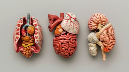 Anatomical models of human organs - Detailed anatomical models of human heart, lungs, and brain on a neutral background - obrazy, fototapety, plakaty