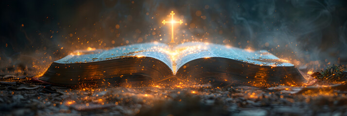 Divine Knowledge Glowing Cross Hovers Above Open,
An open book with a glowing cross on top - obrazy, fototapety, plakaty