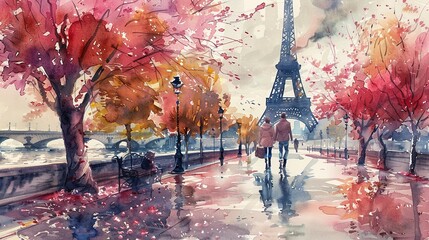 Springtime in Paris, watercolor romance - obrazy, fototapety, plakaty