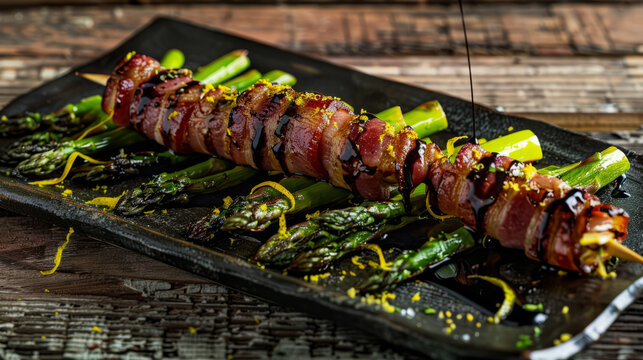 Bacon wraps around fresh asparagus grilled to perfection, plated on a slate board