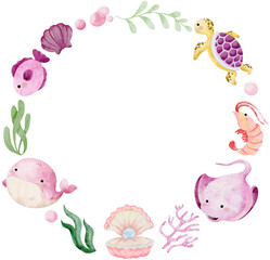 Watercolor hand drawn illustration of sea animals wreath in pink color