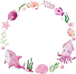 Watercolor hand drawn illustration of sea animals wreath in pink color