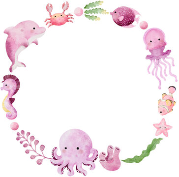 Watercolor hand drawn illustration of sea animals wreath in pink color