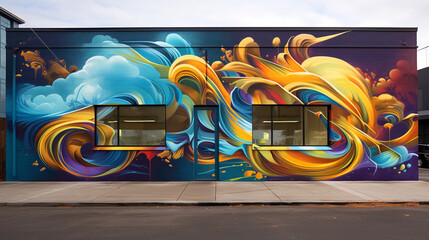 A mesmerizing street art mural bursts with energy, as graffiti-style lettering leaps off the wall alongside swirling abstract shapes, infusing the cityscape with creativity and vigor.