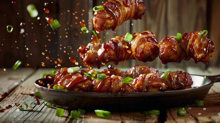 Delicious bacon-wrapped delicacies captured in high detail, showcasing the succulence and appealing texture