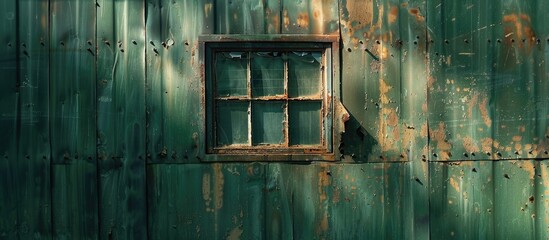 Distorted old window against green metal door. - Powered by Adobe
