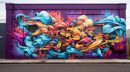 Naklejka premium A riot of color and movement captured in a street art mural, where bold graffiti-style lettering and abstract shapes collide to create an electrifying visual spectacle.