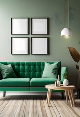 contemporary interior design for 3 poster frames in living room mock up with green couch. Generative AI.