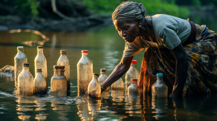 Poor, beggar, hungry dark-skinned old, thin elderly woman in Africa washes dishes in a dirty river, unsanitary conditions. - obrazy, fototapety, plakaty