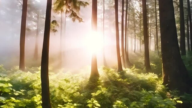 Beautiful magical sunrise in the forest, The sun's rays break through the trees in the fog, The mystical nature of the rainforest, footage, 4k footage, videos
