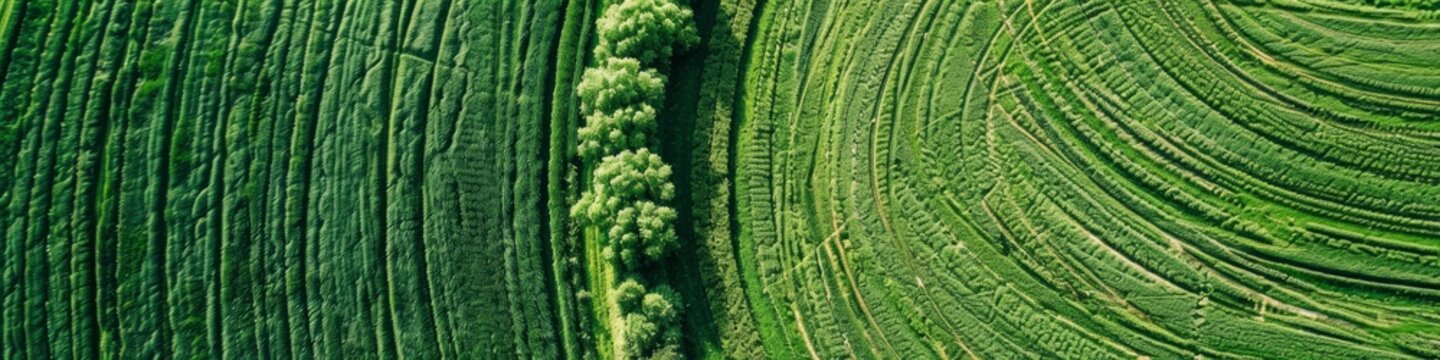 A view from above of a lush green field with crop circles showing agriculture in progress, background, wallpaper
