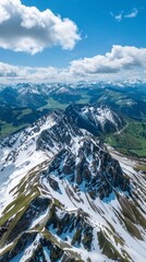 Snow-covered mountain range viewed from above, background, wallpaper