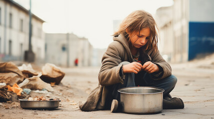 Poor, beggar, hungry, dirty Caucasian child girl, begging for alms. - obrazy, fototapety, plakaty