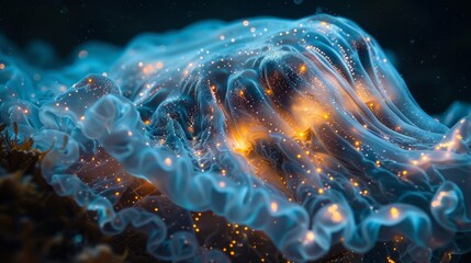 a close up of a jellyfish with lights coming out of it - obrazy, fototapety, plakaty