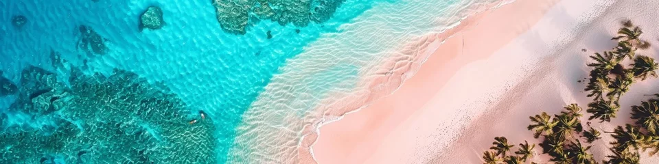 Fotobehang Overhead view of a sandy beach meeting blue water, forming a tranquil coastline, background, wallpaper © keystoker