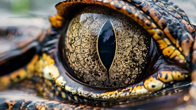 Extreme macro close up of an Alligators eye as it floats on water