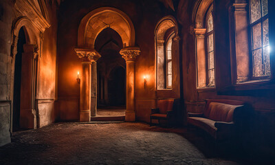 Old stone castle in Gothic style at night.