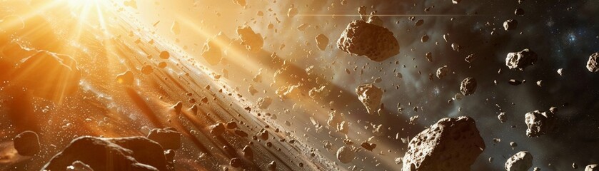 asteroids, golden hour, wide angle, dynamic clarity, vivid adventure , high resolution - obrazy, fototapety, plakaty
