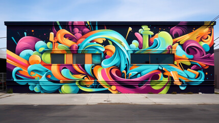 A street art mural adorned with vibrant graffiti-style lettering and dynamic abstract shapes, serving as a colorful beacon of creativity amidst the concrete jungle of the city.
