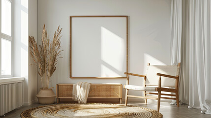 Mockup of blank frame in minimalistic warmcore interior, wooden soft colors furniture and window,...