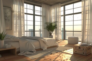 Interior model or mockup with large bed in modern minimalistic bedroom, panoramic windows with view of big city, luxury hotel room, unusual wide view angle, AI generated image
