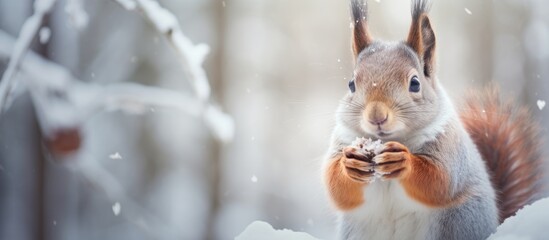 A rodent with whiskers, a furcovered squirrel, sits happily in the snow eating a nut. Its ear twitches as a fawn approaches, while a dog breed watches from a distance - obrazy, fototapety, plakaty