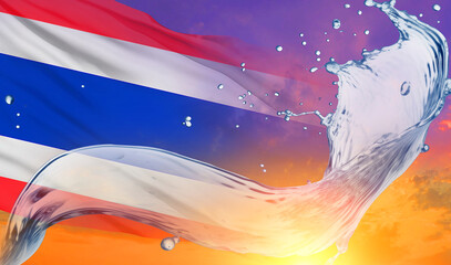 Waving flag of Thailand and splash of water in the sky. Thailand flag for national holidays. 3d illustration