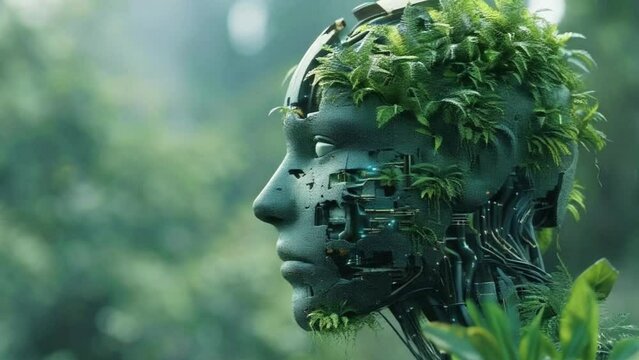 A woman's face is made of plants and wires. The image has a futuristic and surreal feel to it 4K motion