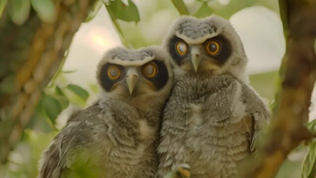 Two baby owl at forest. 4k video animation