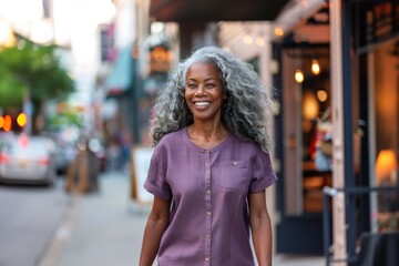 Senior black woman in casual modern clothes portrait, city street blurred background, happy smiling active African American elderly lady walking in city center, AI generative