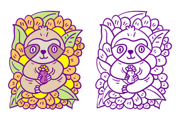 sloth doodle animal illustration for coloring page drawing book