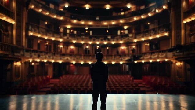 A solitary figure stands on the edge of an empty stage their back to the sea of empty seats. As they deliver their monologue the vastness . .