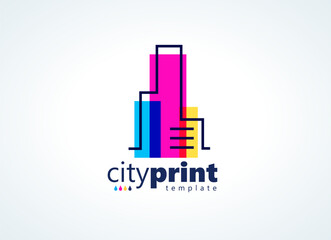 Logo City Print СMYK Printing Polygraphy theme. Silhouette Buildings lines and squares style. Template design vector. White background.