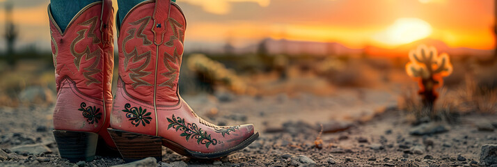 Pink Leather Ornate Cowgirl Boots with a Desert,
Cowboy boots with a pink design - obrazy, fototapety, plakaty