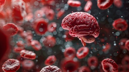 3D Illustration : Human brain anatomy on red blood cells background