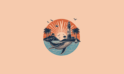 whale on sea background lighthouse vector artwork design