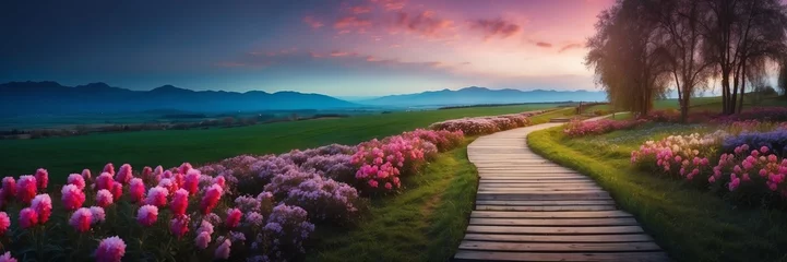 Kussenhoes Beautiful panoramic night spring with colorful flowers landscape with wooden path nature banner poster background backdrop from Generative AI © SevenThreeSky