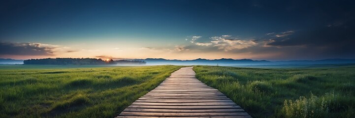 Beautiful panoramic night summer spring landscape with wooden path nature banner poster background backdrop from Generative AI