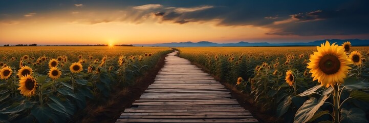 Beautiful panoramic night sunflower field landscape with wooden path nature banner poster background backdrop from Generative AI